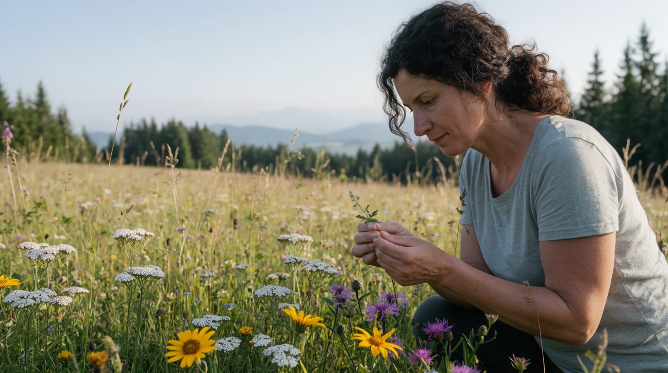 Eine Frau betrachtet in einer Bergwiese eine Wildpflanze aus der Nähe