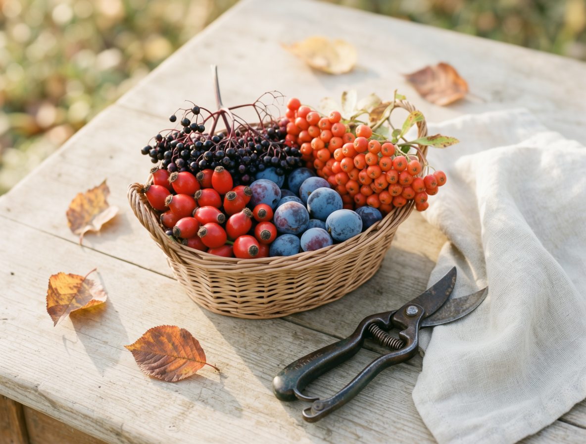 Korb mit herbstlichen Wildfrüchten auf einem Holztisch