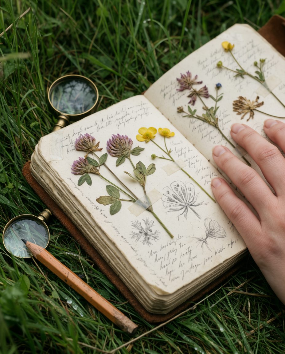 Aufgeschlagenes Feldnotizbuch mit gepressten Pflanzen in der Wiese